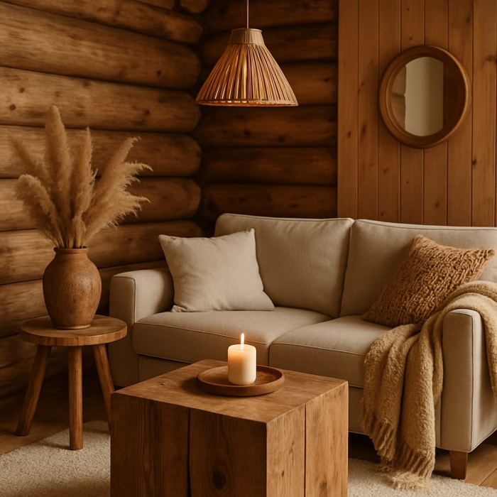 Create a chalet atmosphere at home with natural wooden decor items.